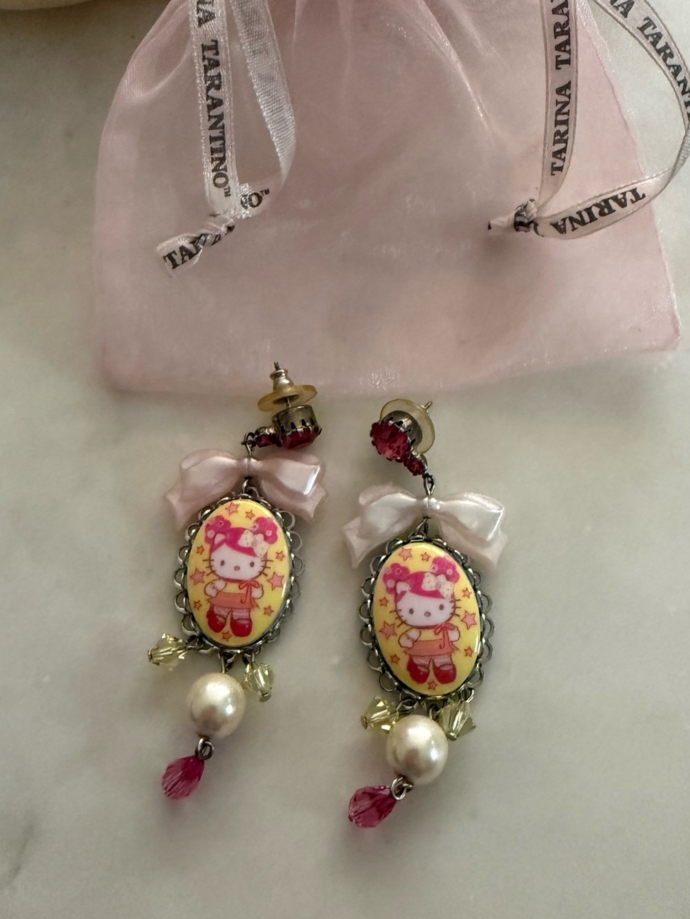 Tarina Tarantino Pink and Yellow Hello Kitty Bow Drop Earrings